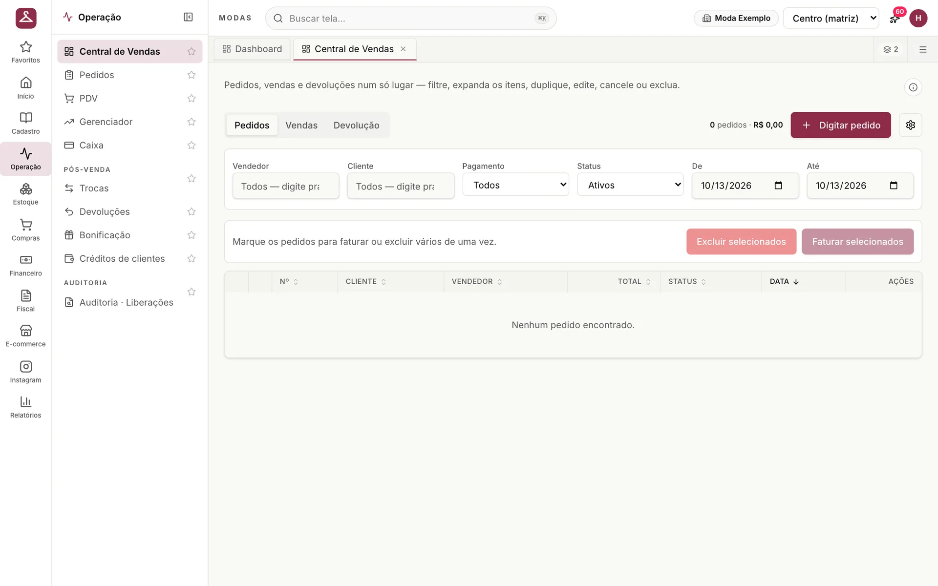 Central de Vendas do udiModas com abas de pedidos, vendas e devoluções e filtros por vendedor, cliente, pagamento, status e período