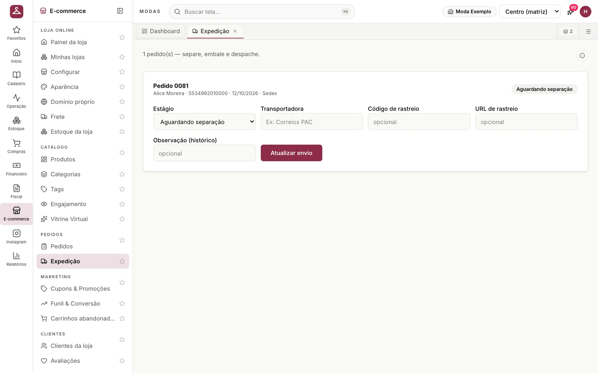 Expedição da loja online do udiModas com pedido aguardando separação, estágio, transportadora e código de rastreio