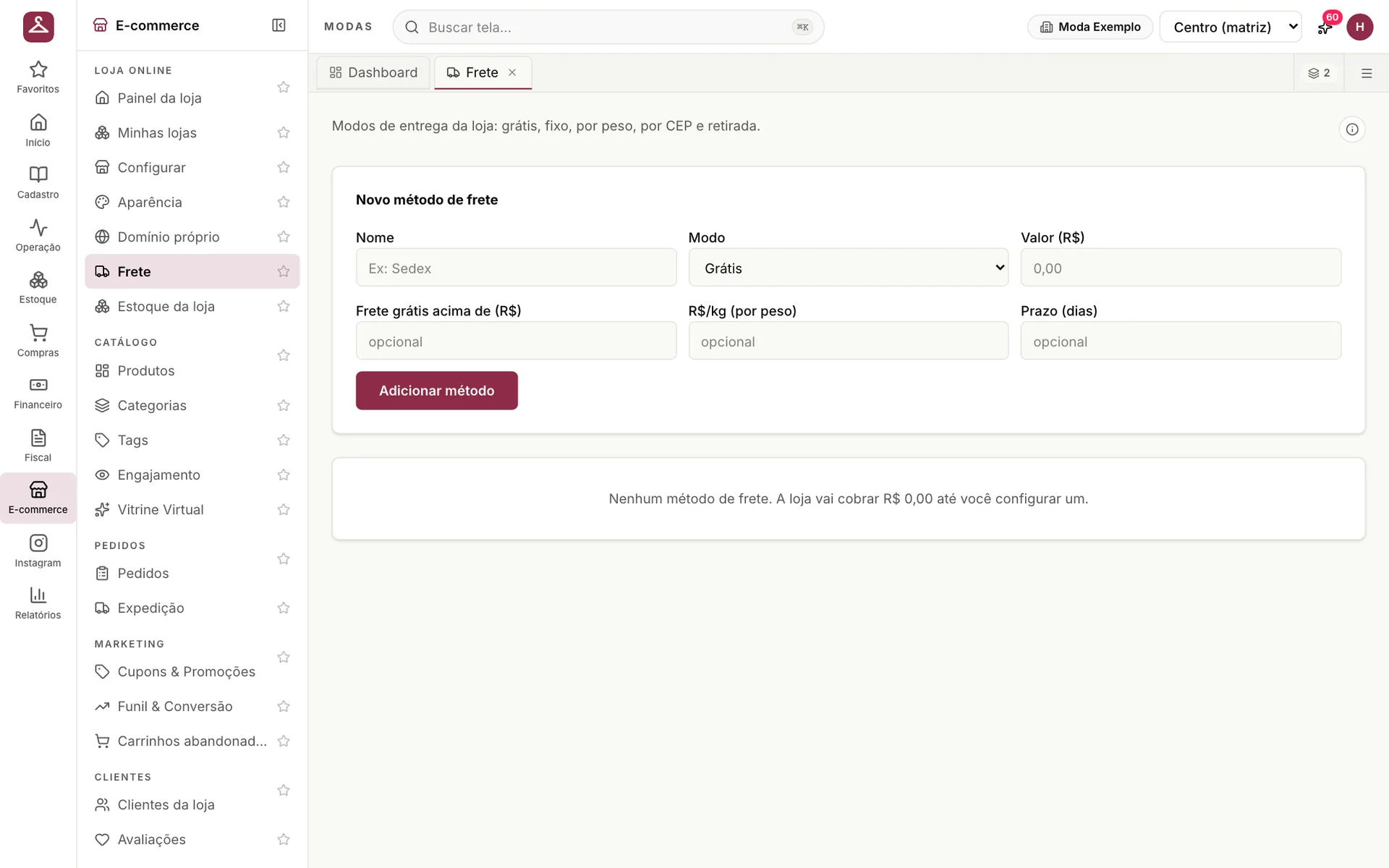 Cadastro de método de frete da loja online do udiModas com modo, valor, frete grátis acima de um valor, preço por quilo e prazo