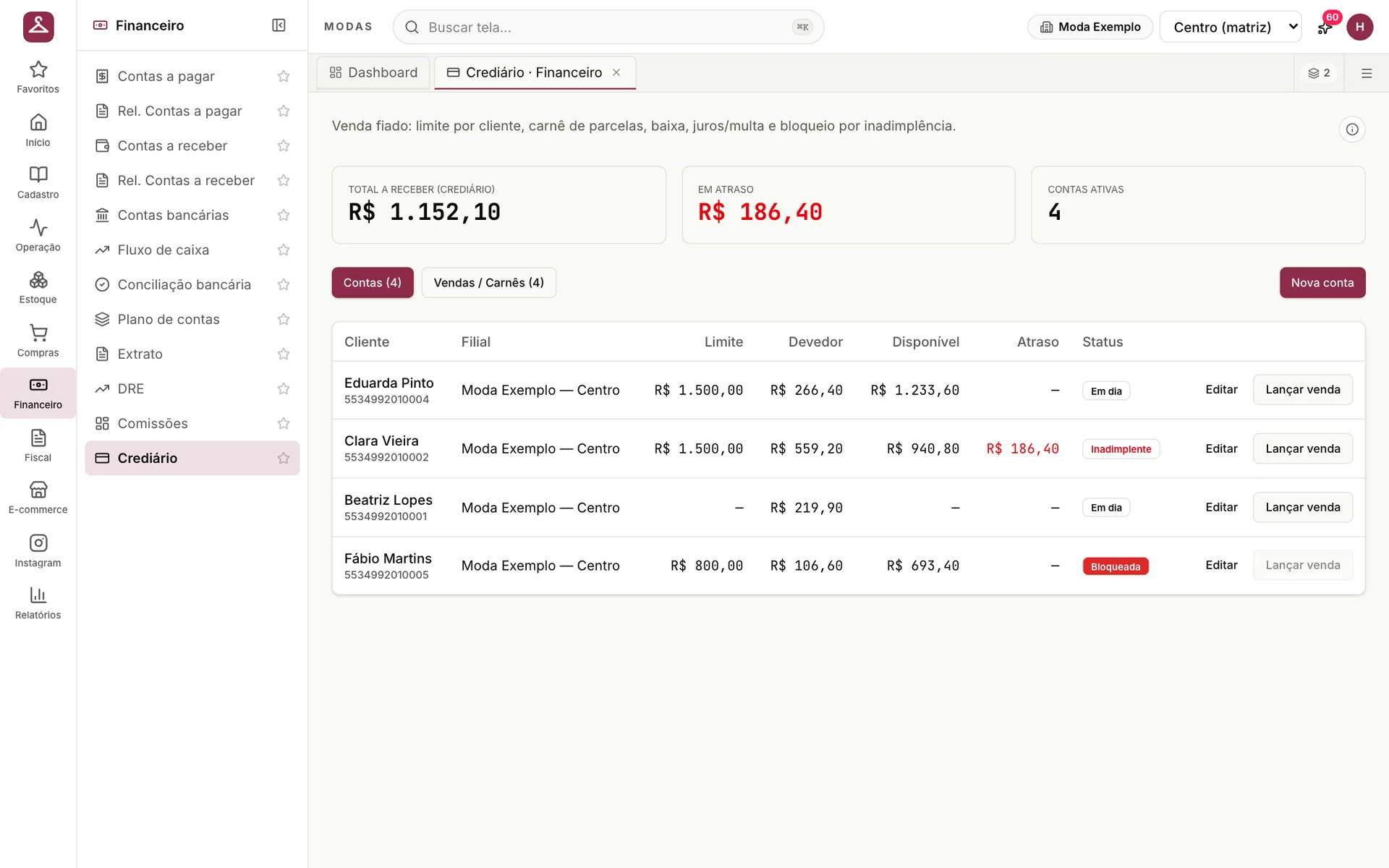 Crediário do udiModas com total a receber, valor em atraso e contas de clientes com limite, saldo devedor e status em dia, inadimplente ou bloqueada