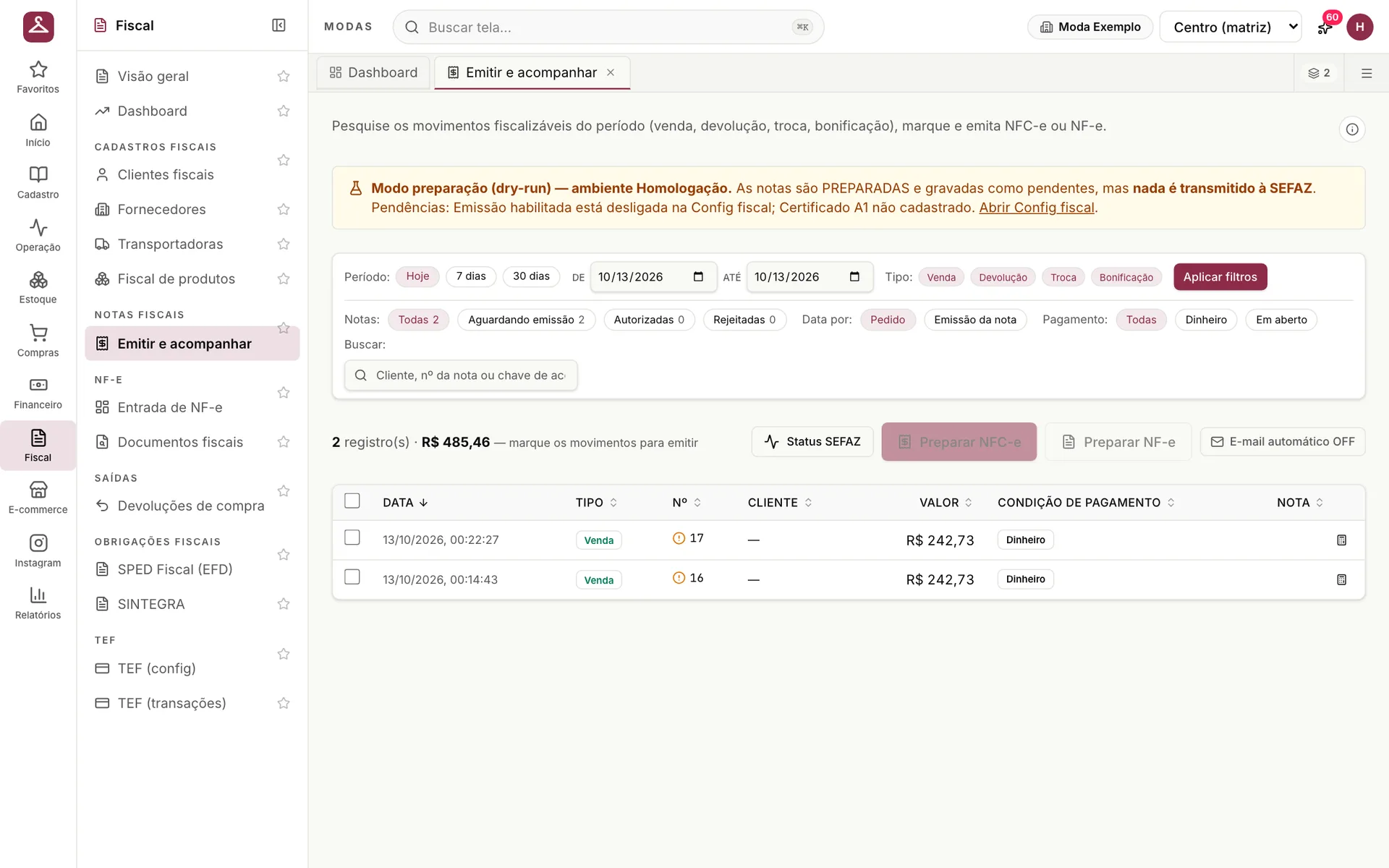Tela Emitir e acompanhar do udiModas com vendas aguardando emissão, filtros por tipo e situação da nota e botões para preparar NFC-e e NF-e
