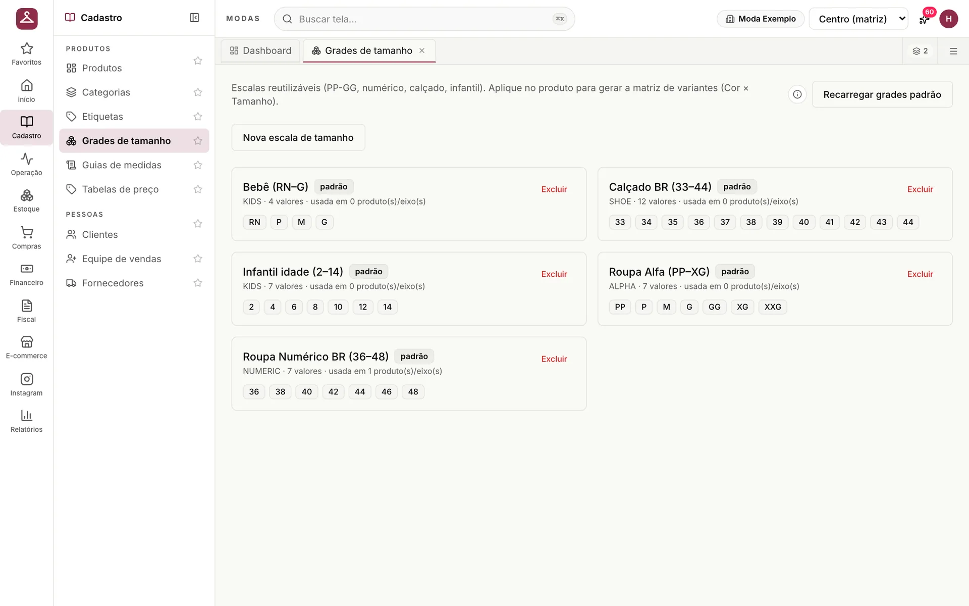 Grades de tamanho do udiModas com escalas prontas de bebê, infantil, PP a XXG, numérica 36 a 48 e calçado 33 a 44