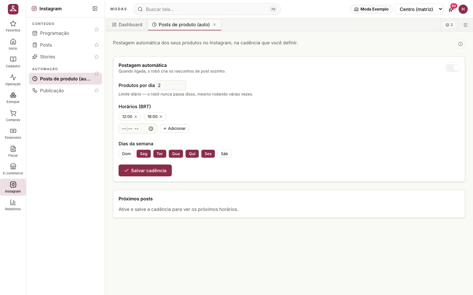 Configuração de posts automáticos de produto no Instagram pelo udiModas com produtos por dia, horários e dias da semana
