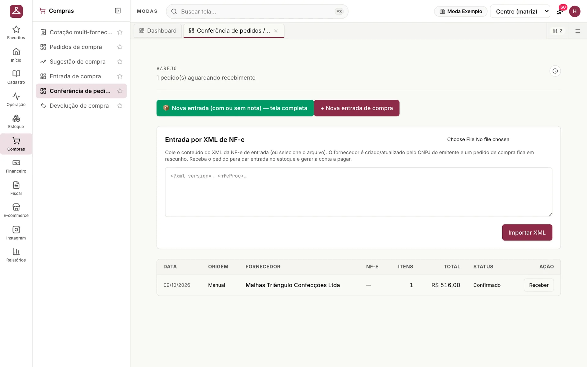 Conferência de pedidos do udiModas com importação do XML da NF-e de entrada e um pedido de compra aguardando recebimento