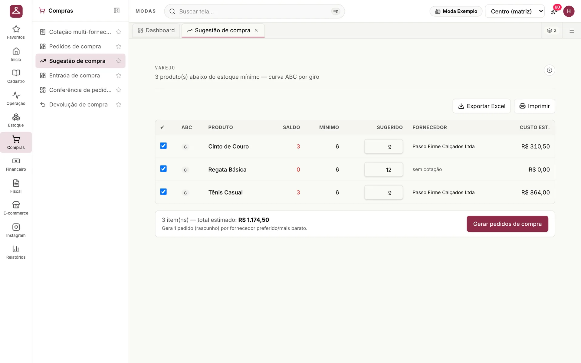 Sugestão de compra do udiModas com produtos abaixo do mínimo, curva ABC, quantidade sugerida, fornecedor e custo estimado