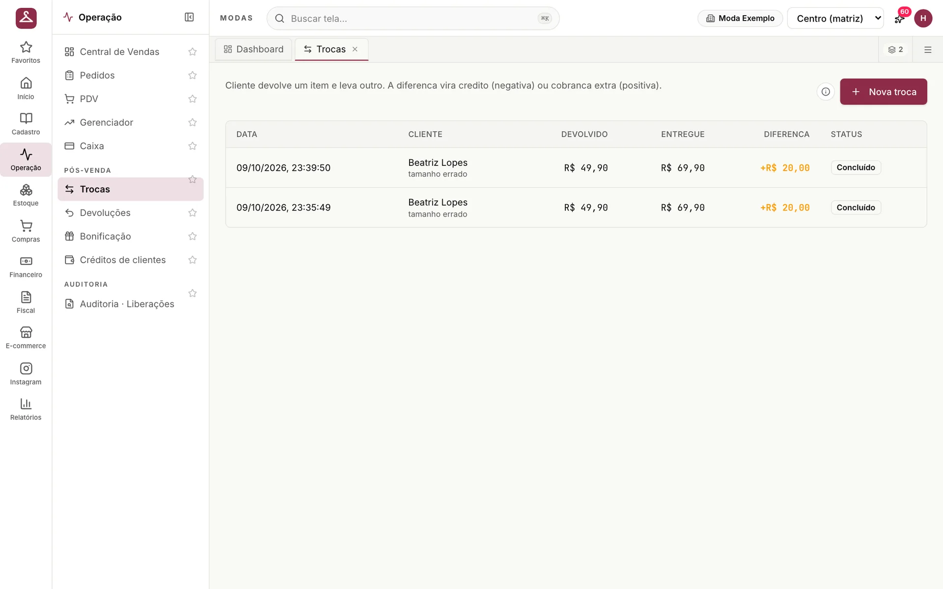 Histórico de trocas do udiModas com cliente, motivo, valor devolvido, valor entregue, diferença cobrada e status